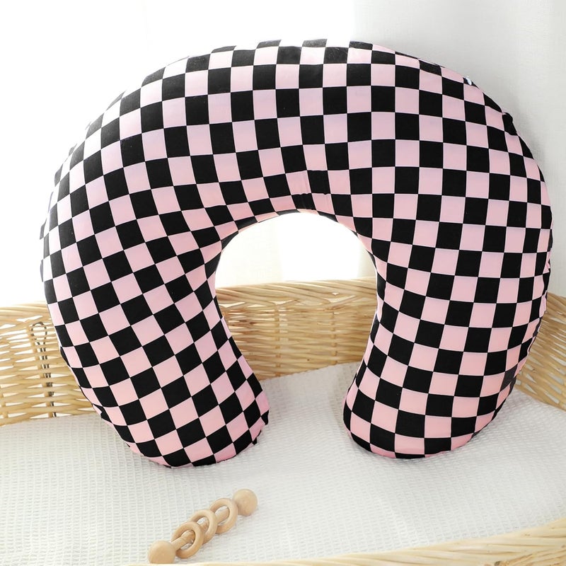 DILIMI Nursing Pillow Cover, Stretchy Removable Case for Breastfeeding Pillows, Ultra Soft Comfortable Slipcover for Baby Girl and Boy, Black Pink Checkered - Image 5